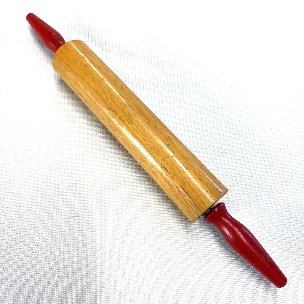 Vintage Wooden Rolling Pin Red Handles 17” Long Farmhouse Baking Country EUC